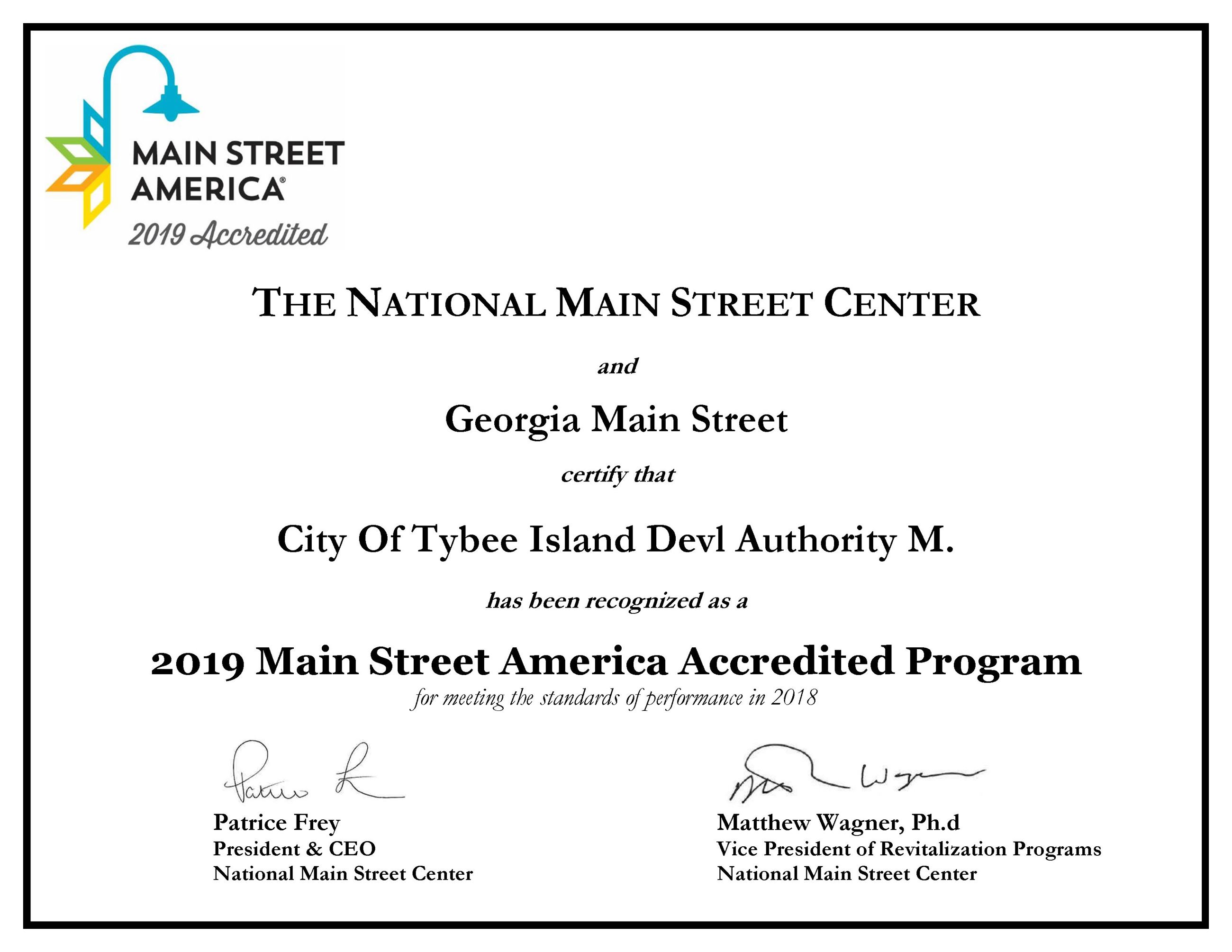 2019 Tybee Accreditation Certificate
